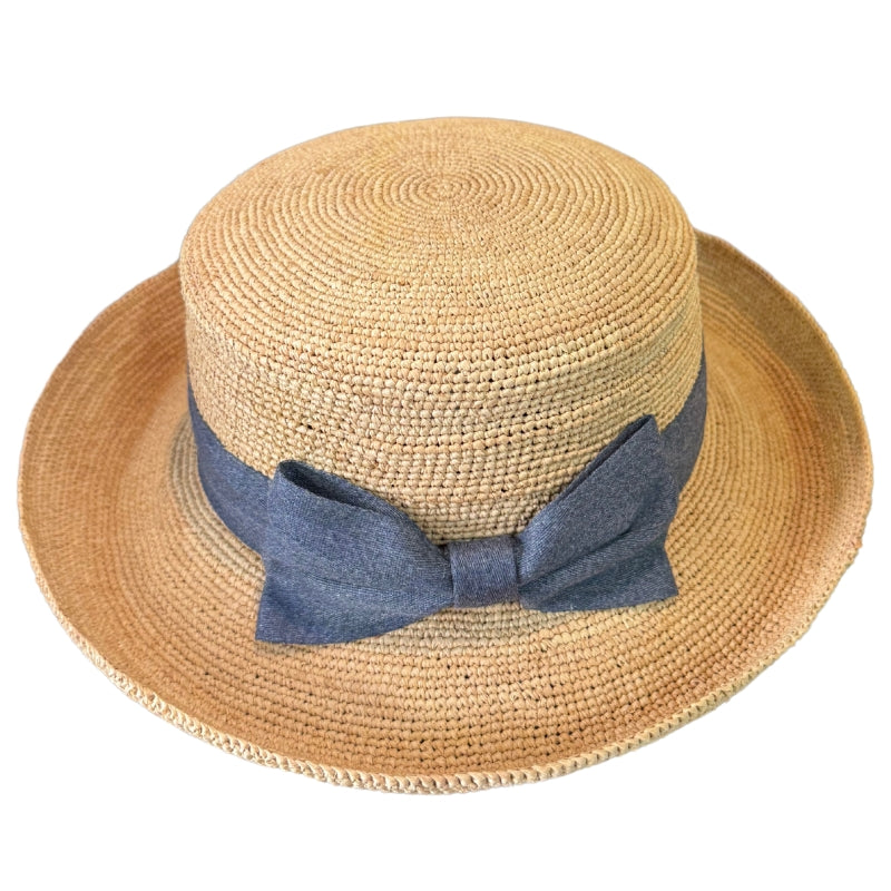 Crocheted Raffia Bretton with Navy Bow Shop Online Hatworx NZ