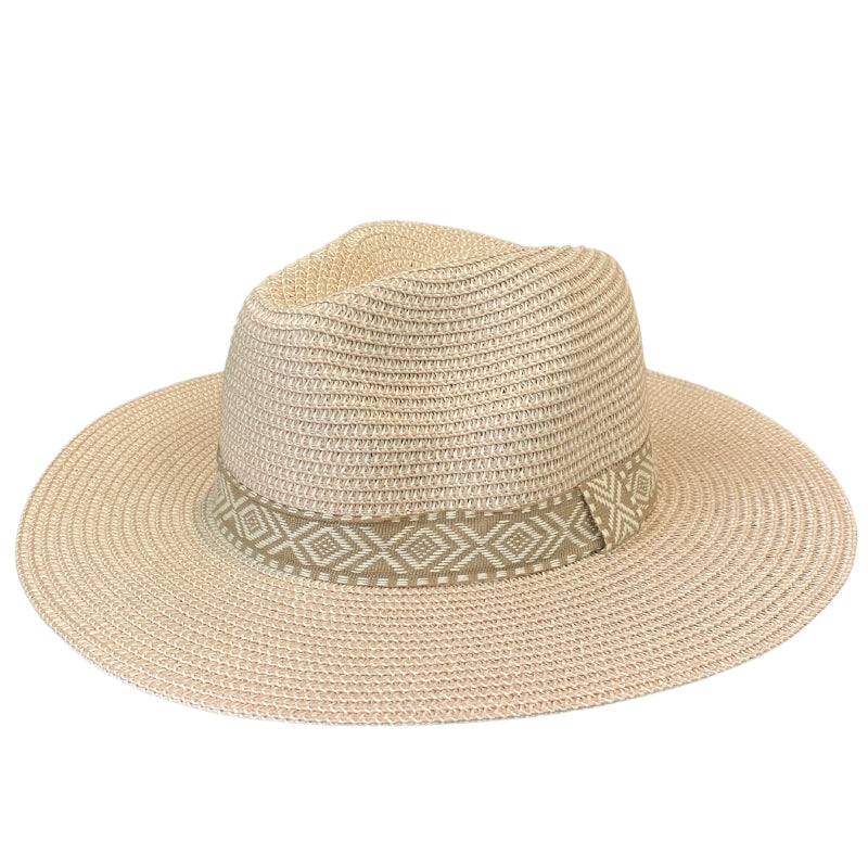 Ladies Criss Cross Straw Brim Hat Nude Pink