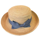 Crocheted Raffia Bretton with Navy Bow Shop Online Hatworx NZ