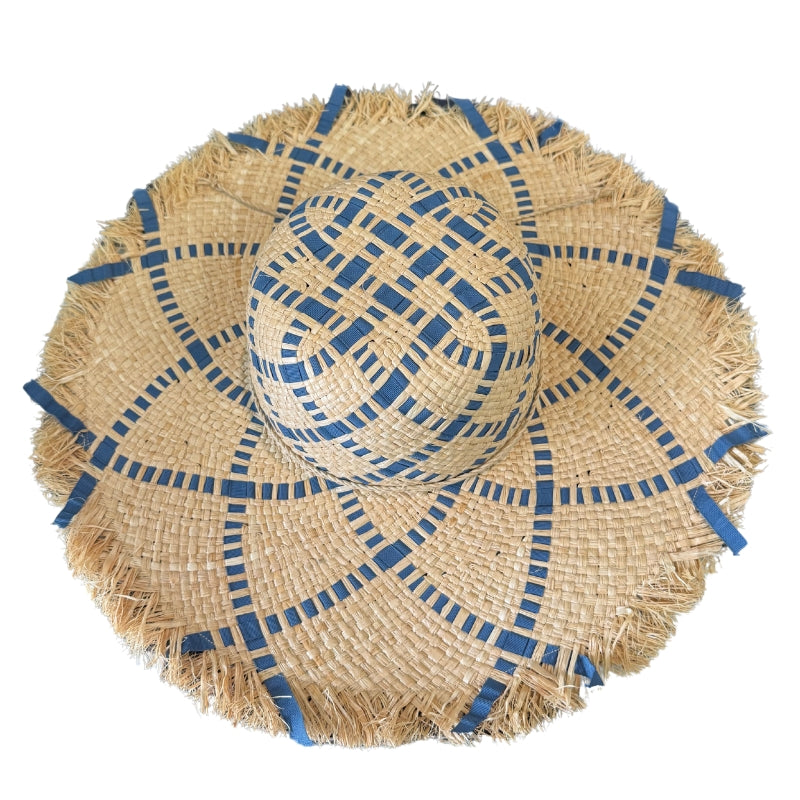 Hand Woven Blue Ribbon Raffia Widebrim Shop Online Hatworx NZ