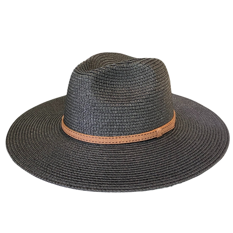 Ladies Straw Fedora with Brown Band Black