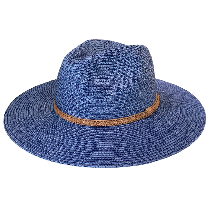 Ladies Straw Fedora with Brown Band Navy