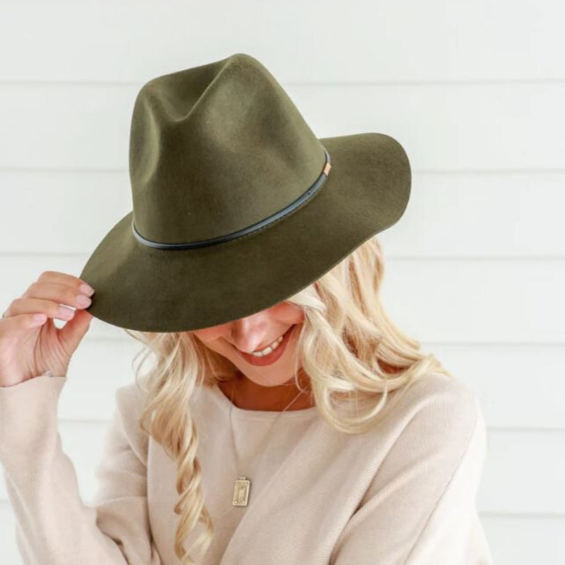 Ladies Wool Fedora - Thin Black Leather Band Hatworx NZ khaki