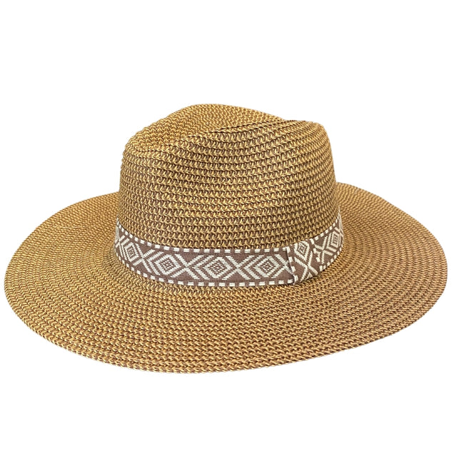 Ladies Criss Cross Straw Brim Hat Tan