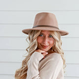 Ladies' Wool Fedora Hat - Wide Brim, Brown Band Hatworx NZ Camel