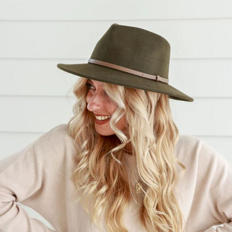 Ladies' Wool Fedora Hat - Wide Brim, Brown Band Hatworx NZ Khaki